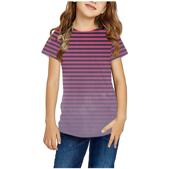 Annhoo Summer T Shirts for Kids Stripes Short Sleeve Round Neck Tops Fashion Gradient Color Children's Tees 3-12 Years