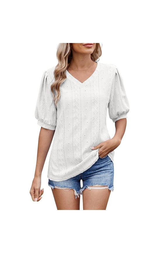 Summer Tops for Women Eyelet Crew Neck Puff Sleeve Blouses Casual Trendy Solid Going out Shirts