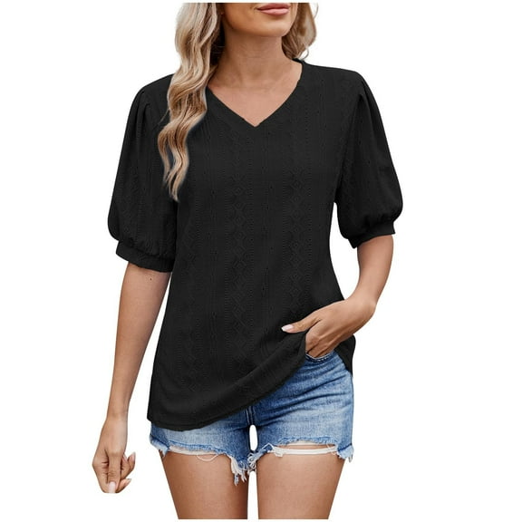 Annhoo Summer Tops for Women Eyelet Crew Neck Puff Sleeve Blouses Casual Trendy Solid Going out Shirts