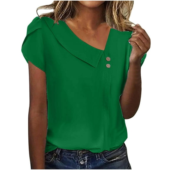 Annhoo Summer Tops for Women Petal Short Sleeve Button Asymmetrical V Neck Blouses Tees Casual Trendy T Shirts