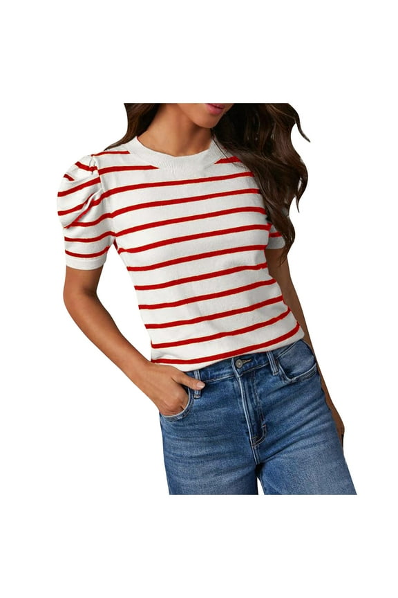 Summer Tops for Women Short Puff Sleeve Casual Crewneck T Shirts Fashion Striped Printed Tees
