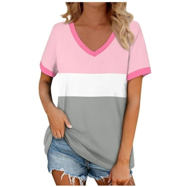 Annhoo Summer Tops for Women Short Sleeve Casual V Neck Blouses Fashion Color Block Going out T Shirts