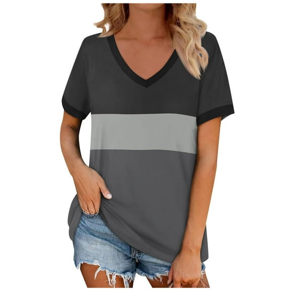 Annhoo Summer Tops for Women Short Sleeve Casual V Neck Blouses Fashion Color Block Going out T Shirts