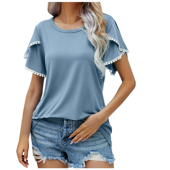 Annhoo Summer Tops for Women Cute Petal Short Sleeve Round Neck Dressy Shirts Fashion Lace Crochet Outfits