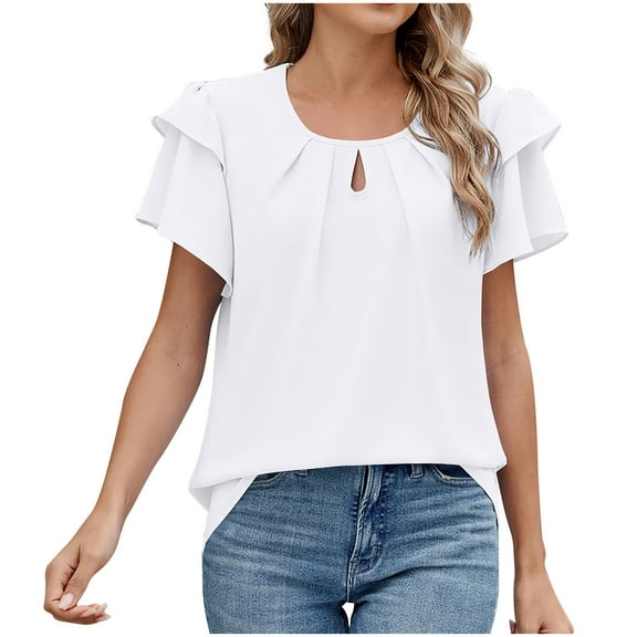 Annhoo Summer Tops for Women Cute Tiered Layer Ruffle Short Sleeve Crewneck Keyhole Tops Front Pleated Basic Tees