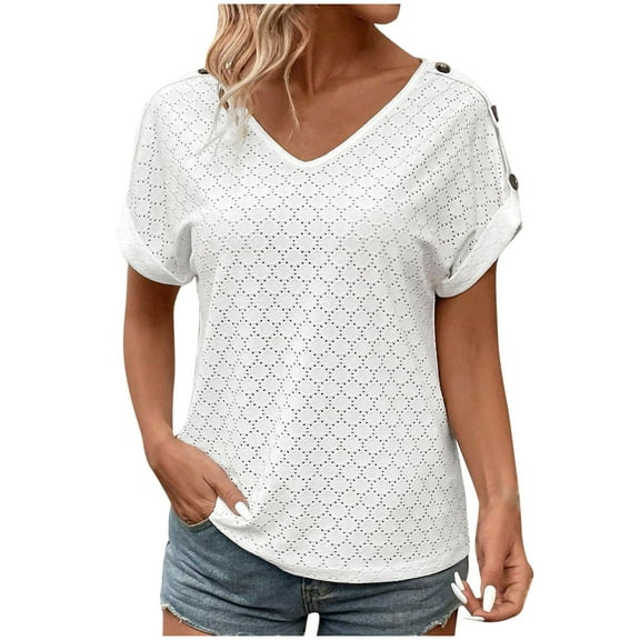 Annhoo Summer Tops for Women Eyelet V Neck Button Rolled Short Sleeve T Shirts 2025 Trendy Loose Comfy Blouse
