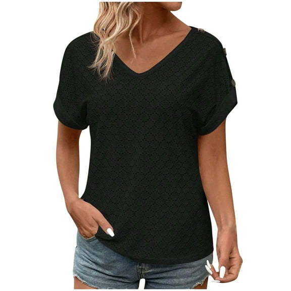 Annhoo Summer Tops for Women Eyelet V Neck Button Rolled Short Sleeve T Shirts 2025 Trendy Loose Comfy Blouse