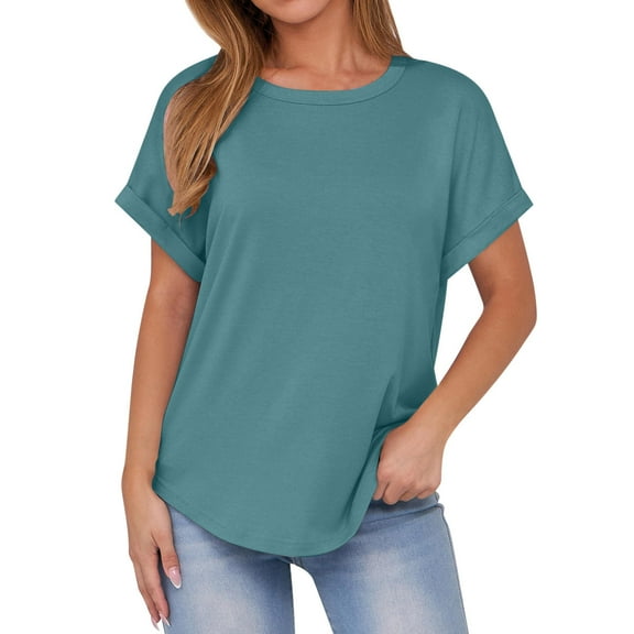 Annhoo Summer Tops for Women Short Sleeve Basic Crew Neck Soild Color T Shirts Comfy Casual Loose Tunic