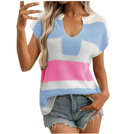 Annhoo Summer Tops for Women Short Sleeve Cotton V Neck Blouse Basic Color Block Beach Vacation Tunic Clothes