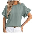 thumbnail image 1 of Annhoo Summer Tops for Women Trendy Ruffled Short Sleeve Crewneck Tees Casual Loose Solid Color Knitted Shirts, 1 of 4