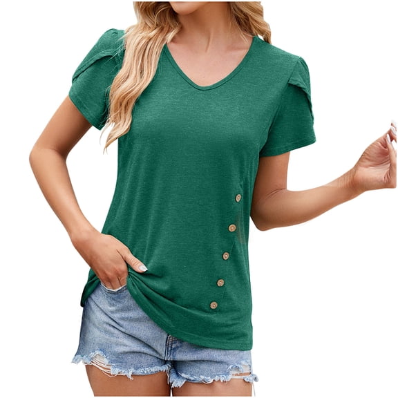 Annhoo Summer Tops for Women Trendy V Neck Button Petal Sleeve Shirts Casual Going out Loose Blouses