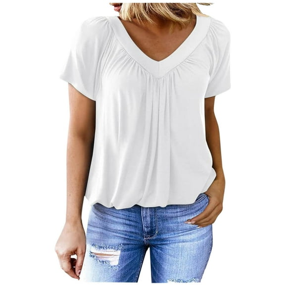 Annhoo Summer Tops for Women V Neck Pleated Front Short Sleeve Shirts Casual Loose Going out Blouses
