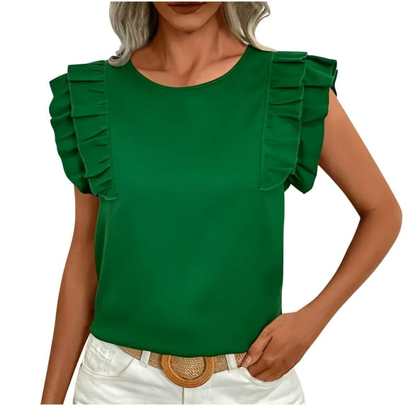 Annhoo Summer Tunic Tops for Women Ruffled Sleeve Crew Neck Blouse Elegant Solid Color Trendy Casual Shir