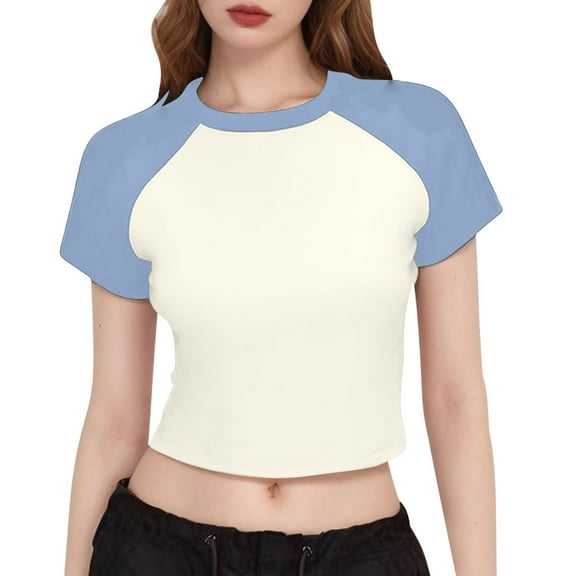 Annhoo Summer Women Blouses Color Block Basic Short Sleeve T Shirt Casual Crew Neck Trendy Crop Top