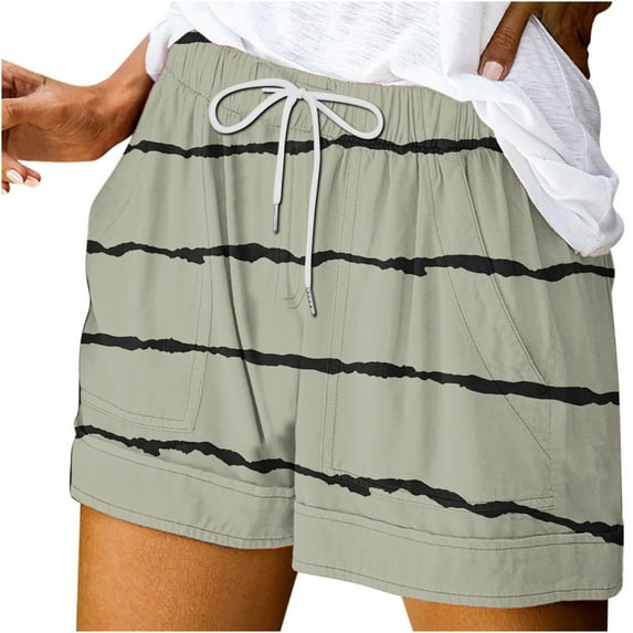 Annhoo Summer Women Shorts Casual Strip Printed Drawstring Elastic Waist Shorts Loose High Waist Beach Vacation Shorts