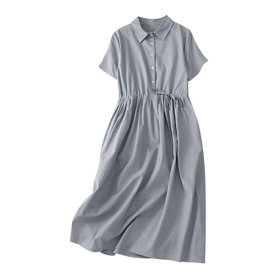 Annhoo Summer Women's Cotton Linen Dress 3/4 Sleeve Button down Maxi Dress Casual Drawstring Waist Sundresses