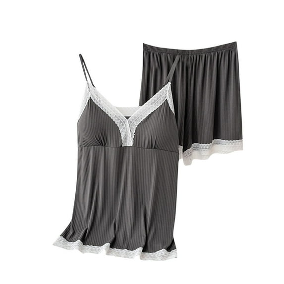 Annhoo Summer Womens Cami Pajama Sets with Built in Bras Lace Trim Outfits Casual Sleeveless Shirts and Shorts Sets Loungewear