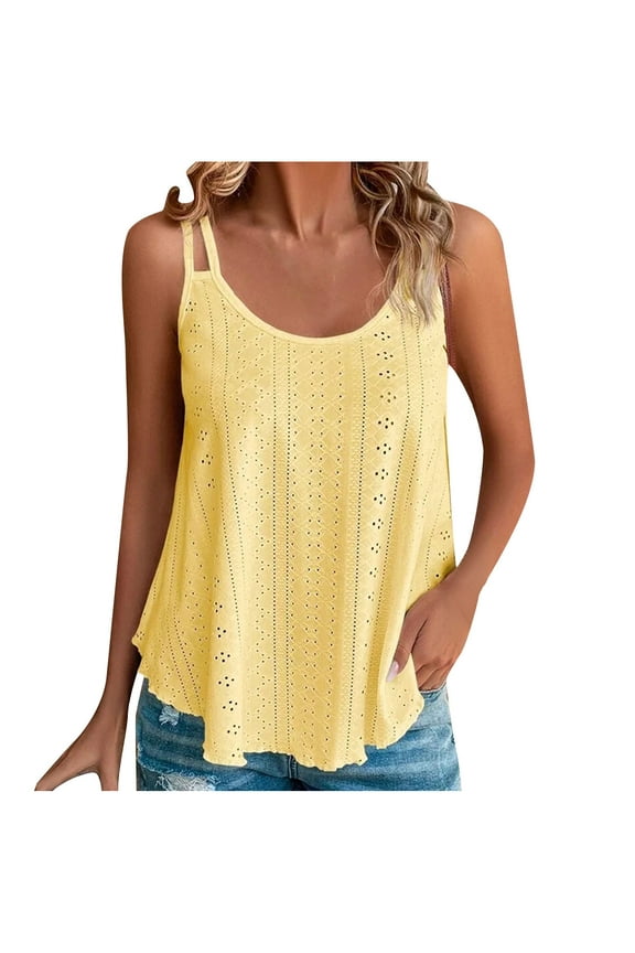 Summer Womens Cami Tank Tops Casual Eyelet Spaghetti Strap Round Neck Tops Plus Size Loose Dressy Shirt