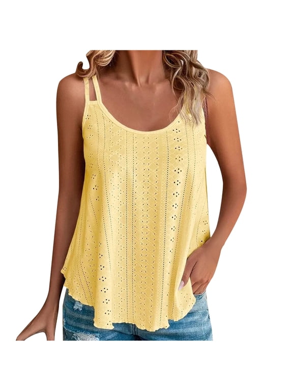 Summer Womens Cami Tank Tops Casual Eyelet Spaghetti Strap Round Neck Tops Plus Size Loose Dressy Shirt