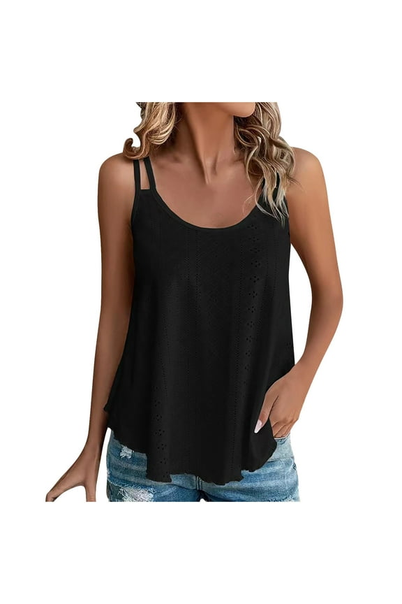Summer Womens Cami Tank Tops Casual Eyelet Spaghetti Strap Round Neck Tops Plus Size Loose Dressy Shirt