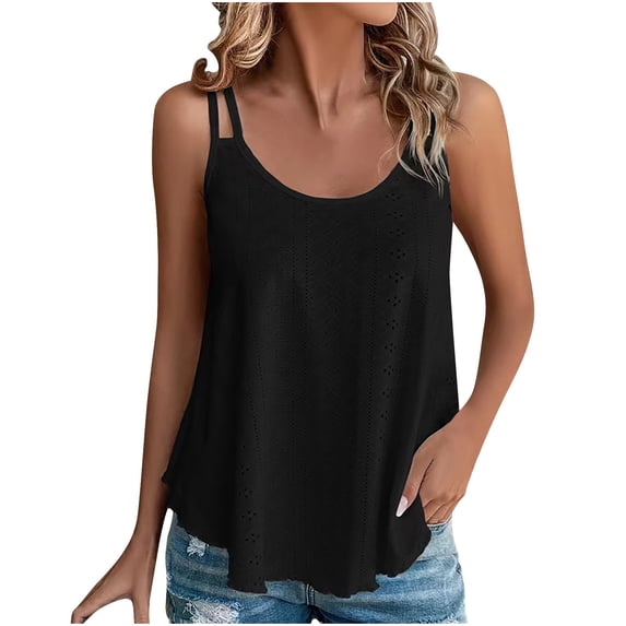 Annhoo Summer Womens Cami Tank Tops Casual Eyelet Spaghetti Strap Round Neck Tops Plus Size Loose Dressy Shirt
