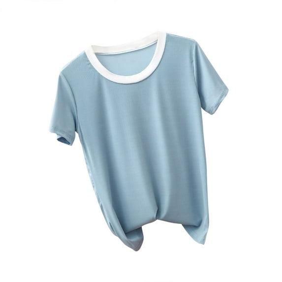 Annhoo Summer Womens Pajama Tops Casual Crewneck Short Sleeve T Shirts Loose Solid Color Sleepwear Blouse Tees
