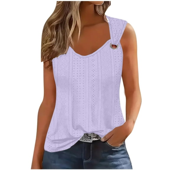 Annhoo Summer Womens Sleeveless Tank Tops Caual Loose Eyelet Round Neck Dressy Shirts Beach Embroidery Blouse Tees