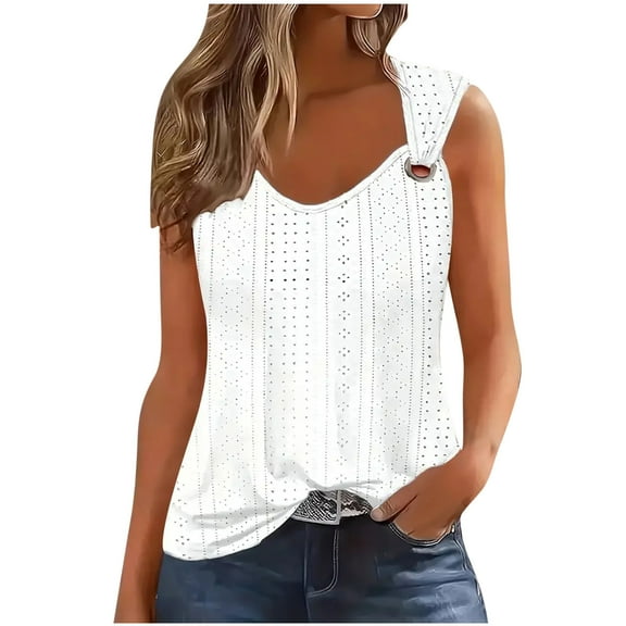 Annhoo Summer Womens Sleeveless Tank Tops Caual Loose Eyelet Round Neck Dressy Shirts Beach Embroidery Blouse Tees