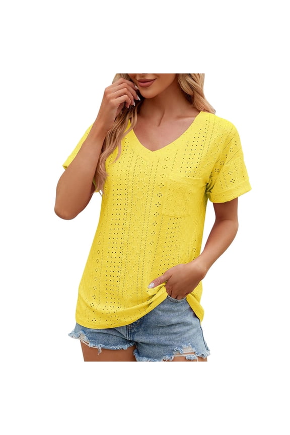 Summer Womens Tops with Pockets Casual Hollow out Short Sleeve V Neck Tees Baggy Solid Eyelet T Shirts
