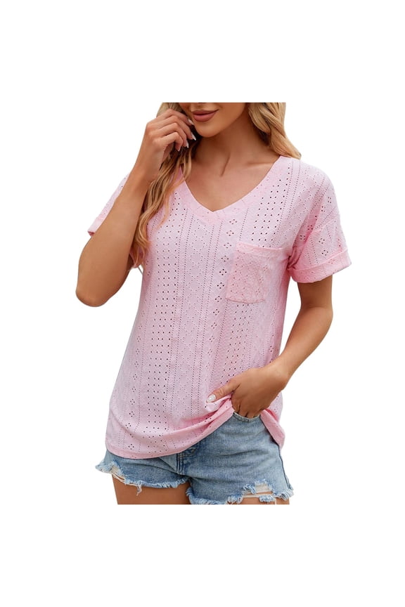 Summer Womens Tops with Pockets Casual Hollow out Short Sleeve V Neck Tees Baggy Solid Eyelet T Shirts