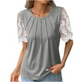 thumbnail image 1 of Annhoo Summer Womens Trendy Tops Pleated Crewneck Lace Trim Short Sleeve Shirts Dressy Casual Loose Beach Blouses, 1 of 4