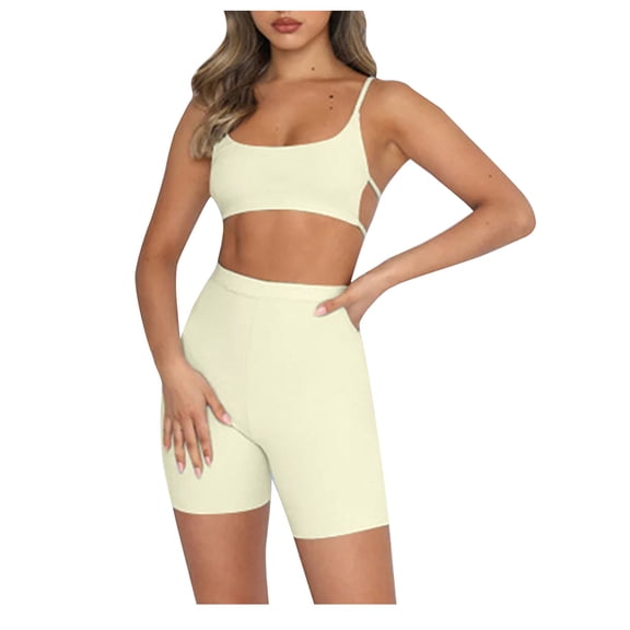 Annhoo Summer Womens Workout Sets Spaghetti Strap Backless Cami Tops with Tight Seamless Shorts Athletic Running 2 Piece Outfits