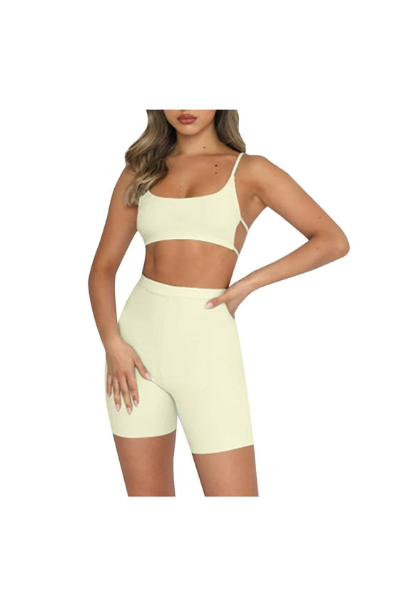 Summer Womens Workout Sets Spaghetti Strap Backless Cami Tops with Tight Seamless Shorts Athletic Running 2 Piece Outfits