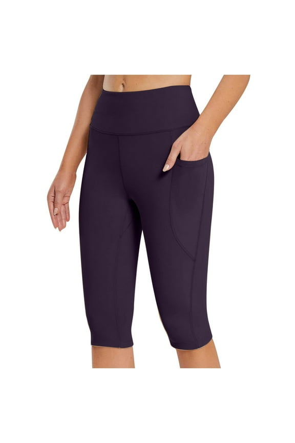 Summer Womens Yoga Knee Length Leggings Casual High Waisted Compression Athletic Capri Pants with Pockets