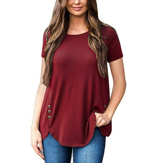 Annhoo Summer Tops for Women Round-Neck Asymmetrical Short Sleeve Button Decoration Short Basic Casual Tunics