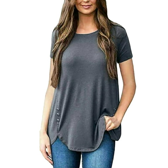 Annhoo Summer Tops for Women Round-Neck Asymmetrical Short Sleeve Button Decoration Short Basic Casual Tunics