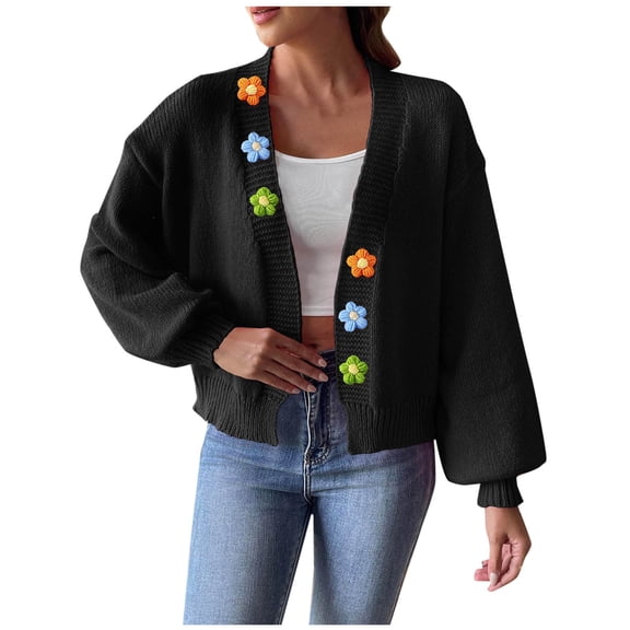 Annhoo Sweater Cardigan for Women Fall Long Sleeve Crochet Flower Knit Tops Lightweight Loose Open Front Knitwear
