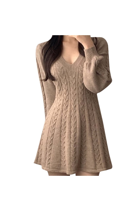 Sweater Dresses for Women Fall V Neck Long Sleeve Cable Knit Short Dress Comfy Casual Mini Dresses