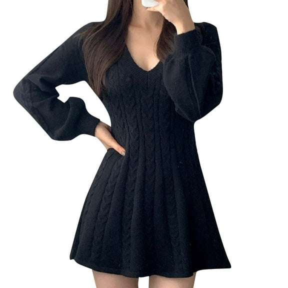Annhoo Sweater Dresses for Women Fall V Neck Long Sleeve Cable Knit Short Dress Comfy Casual Mini Dresses