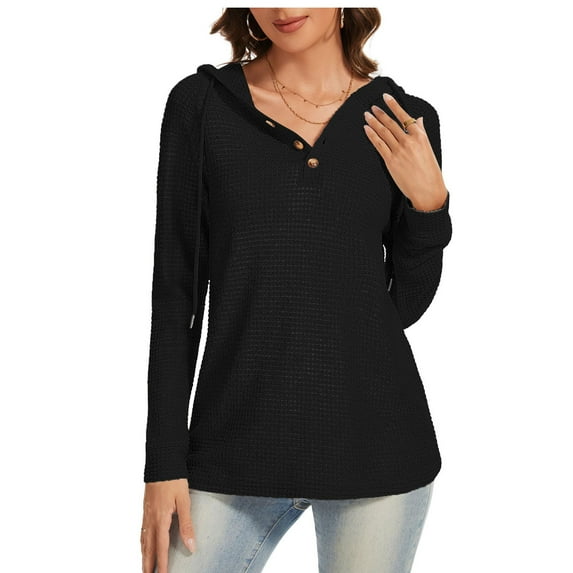 Annhoo Sweater for Women Button Hooded Long Sleeve Sweatshirts Solid Color Knit Shirts Casual Drawstring Comfy Tops