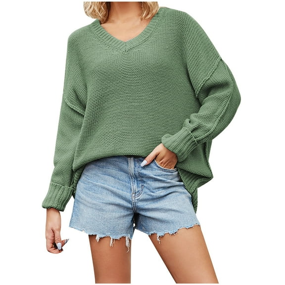 Annhoo Sweater for Women Casual Long Sleeve V Neck Knitted Tops Fall Winter Loose Comfort Pullover Sweater Tops