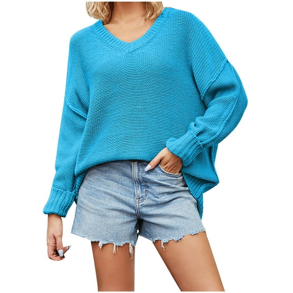 Annhoo Sweater for Women Casual Long Sleeve V Neck Knitted Tops Fall Winter Loose Comfort Pullover Sweater Tops