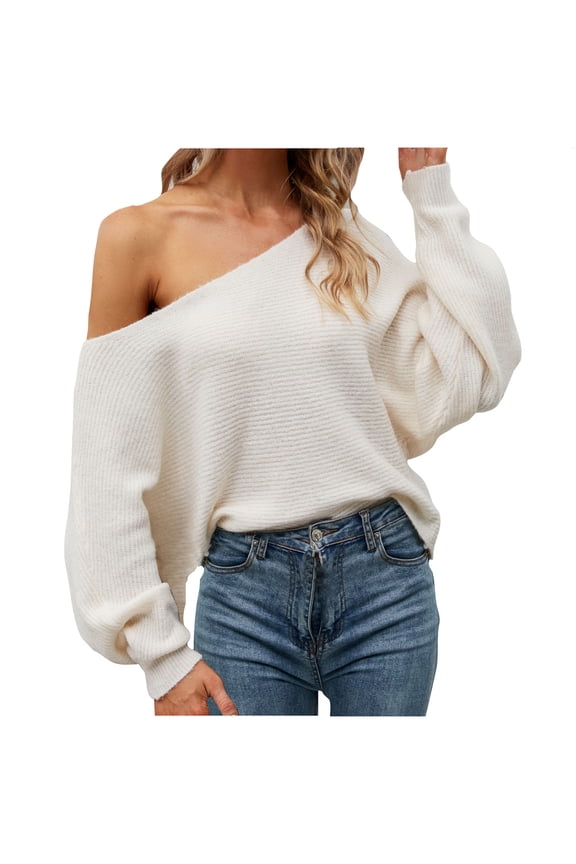 Sweater for Women Trendy One Shoulder Long Sleeve Solid Color Knit Blouses Comfy Outdoor Casual Pullover