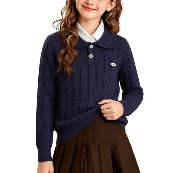 Annhoo Sweaters for Girls Ruffle Collar Cable Knit Button Long Sleeve Soft Knit Cute Dressy Casual Pullover Tops