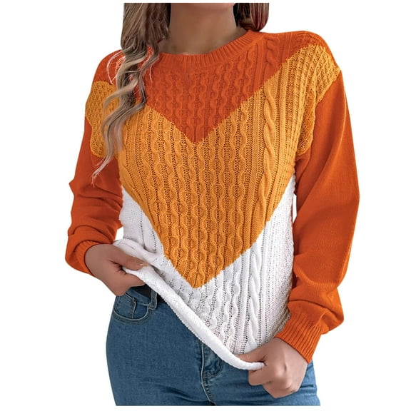 Annhoo Sweaters for Women Crewneck Long Sleeve Cable Knitted Pullovers Fall Trendy Color Block Lounge Tops