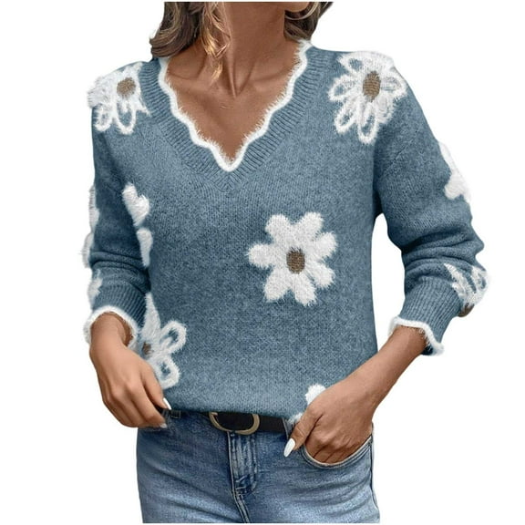 Annhoo Sweaters for Women Knit Floral Textured V Neck Soft Shirts Long Sleeve Trendy Casual Fall Winter Tops Pullover