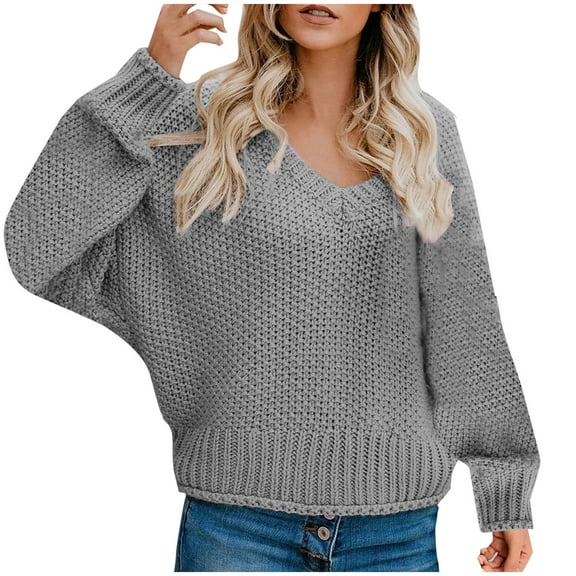 Annhoo Sweaters for Women Plus Size Baggy V Neck Long Sleeve Knitted Pullovers Ladies Casual Cozy Cropped Tops