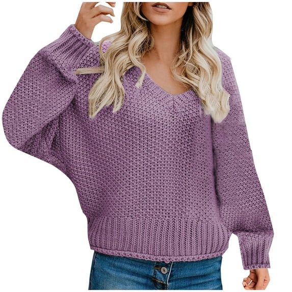 Annhoo Sweaters for Women Plus Size Baggy V Neck Long Sleeve Knitted Pullovers Ladies Casual Cozy Cropped Tops