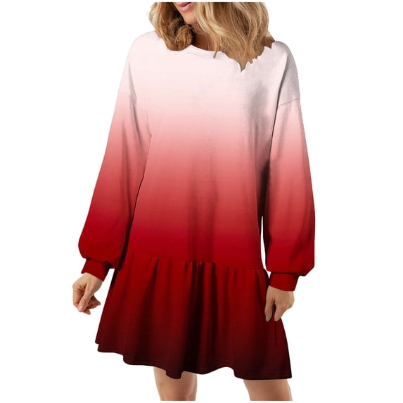 Annhoo Sweatshirt Dresses Women Fall Fashion Gradient Colour Crewneck Mini Dress Long Sleeve Pleated Dress