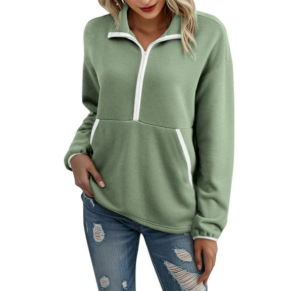 Annhoo Sweatshirts for Women Half Zipper Collared Long Sleeve Blouses Loose Solid Color Outdoor Casual Tops with Pockets